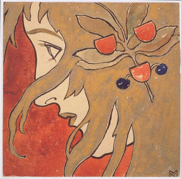 Profile of a girl. Preparatory work for a decorative stain in red and green.